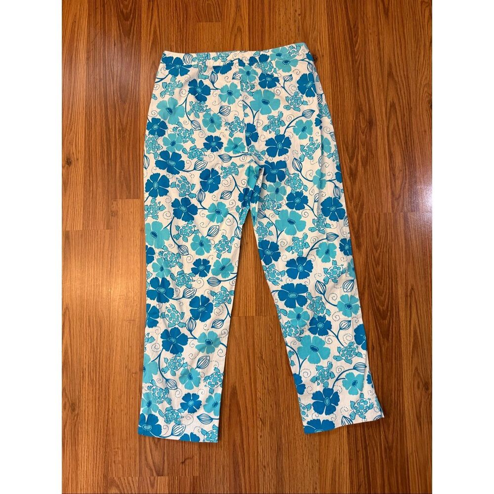 Lilly Pulitzer Women's Floral Sea Turtle Cropped Capri Pants Blue White Size 4 - Picture 4 of 7